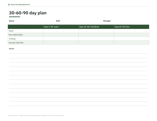 Preview of Printable 30-60-90 Day Plan