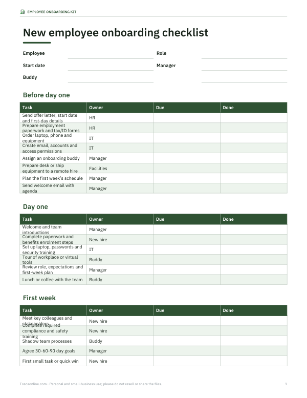 Preview of Printable Employee Onboarding Checklist