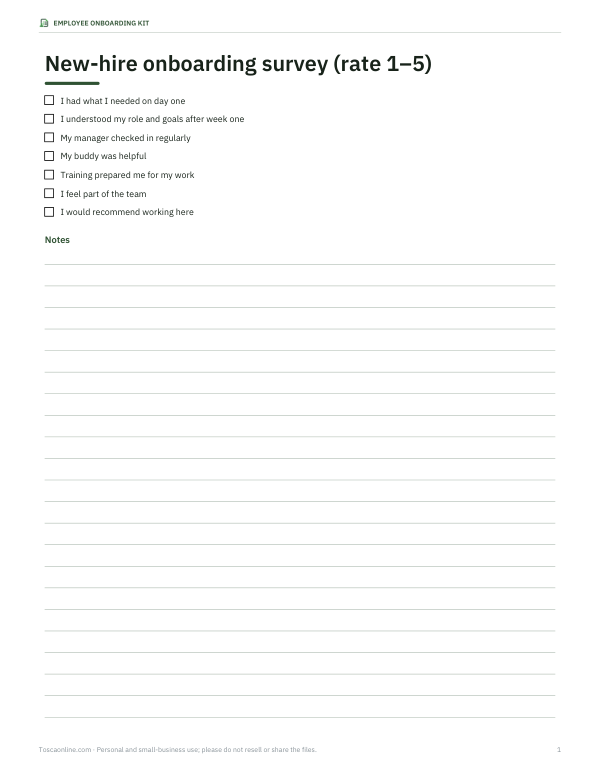 Preview of Printable New Hire Feedback Survey