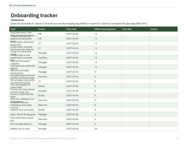 Preview of Printable Onboarding Tracker